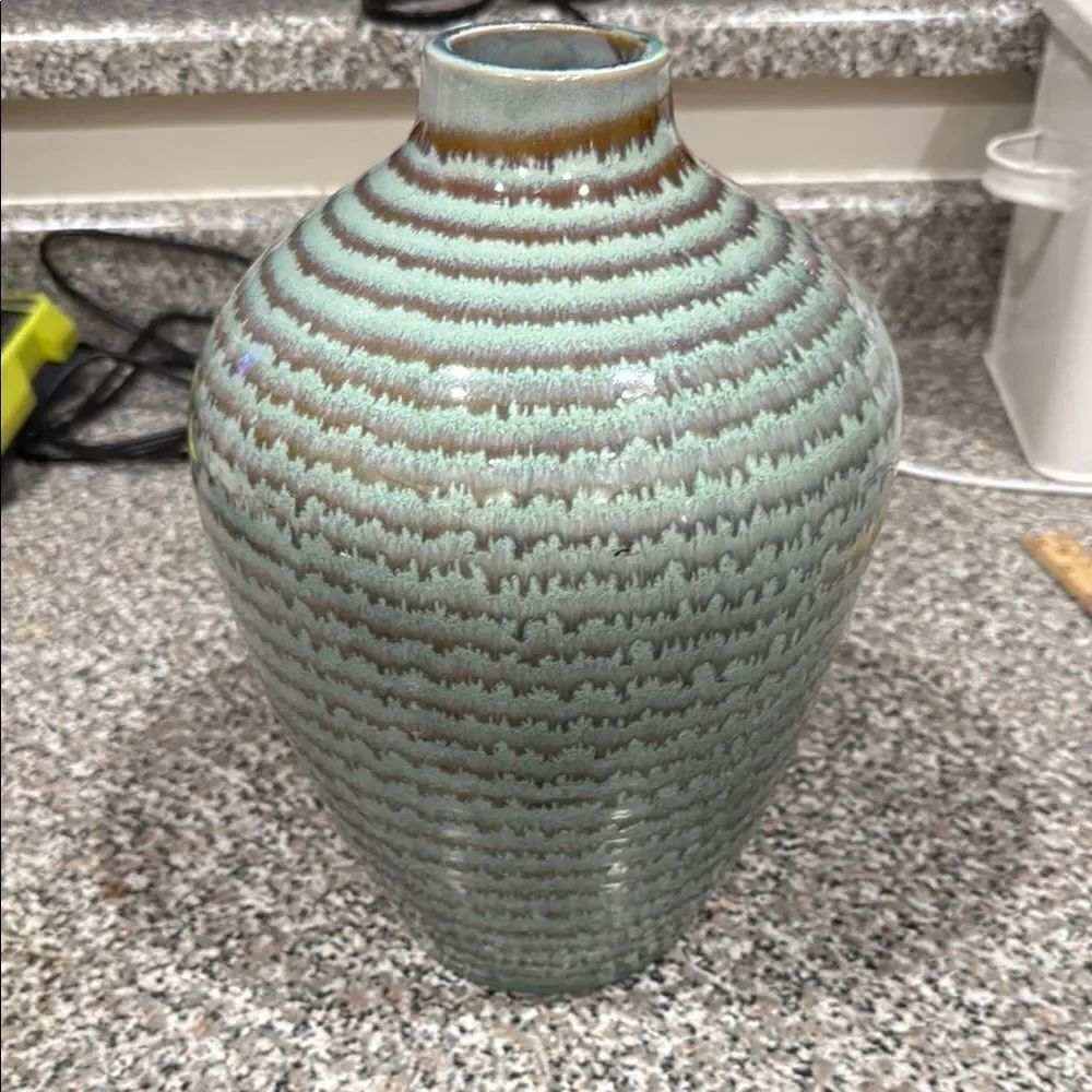 Vietnam Handcrafted Green Brown Spiral Glazed Accent Vase 11 Inches Tall